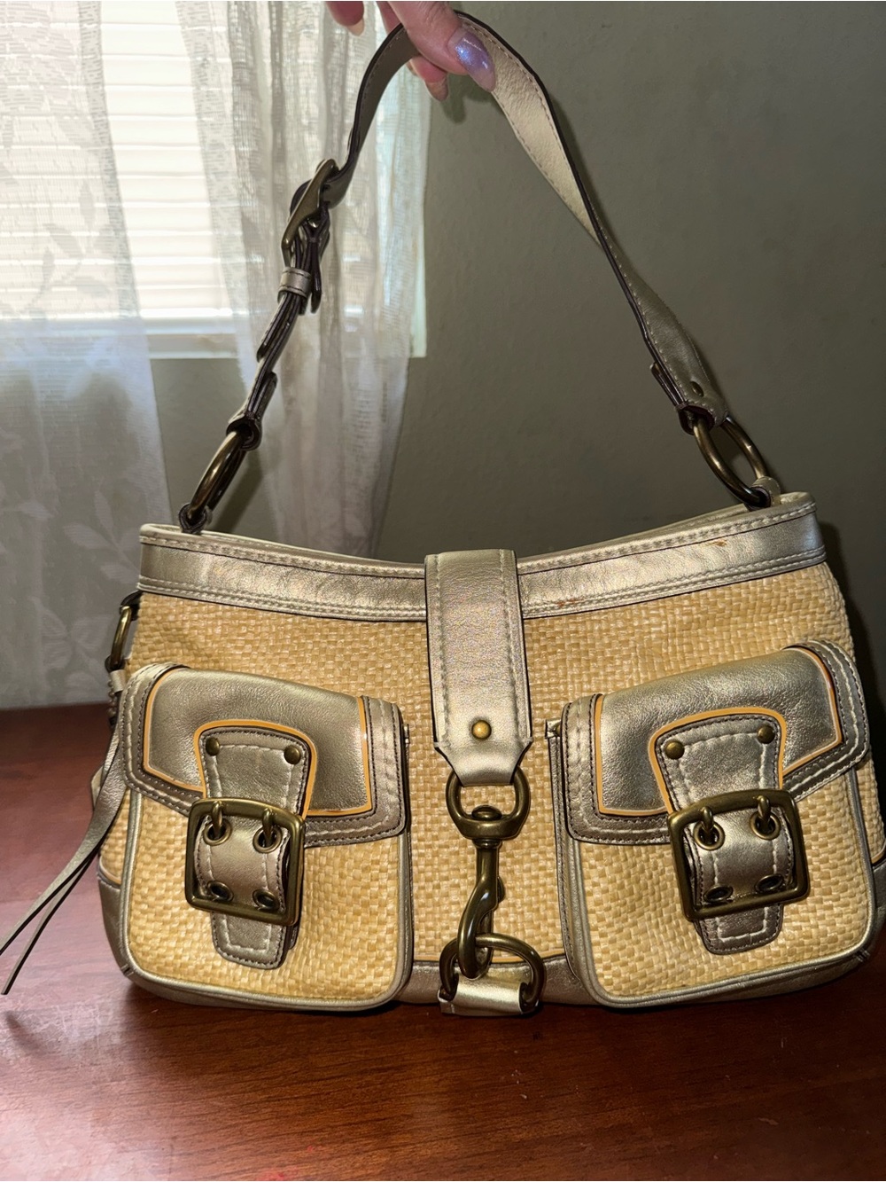 Coach Mandy Vintage Straw Edition Legacy Shoulder Bag with Buckle Pockets